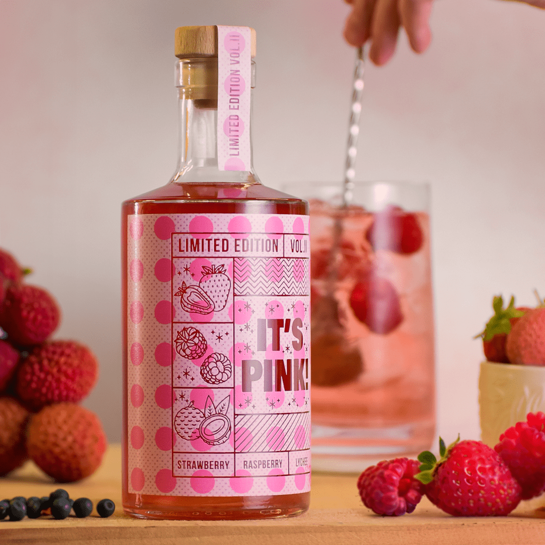 raspberry strawberry lychee gin distilled in Lancashire. Artist gin bottle design for limited release