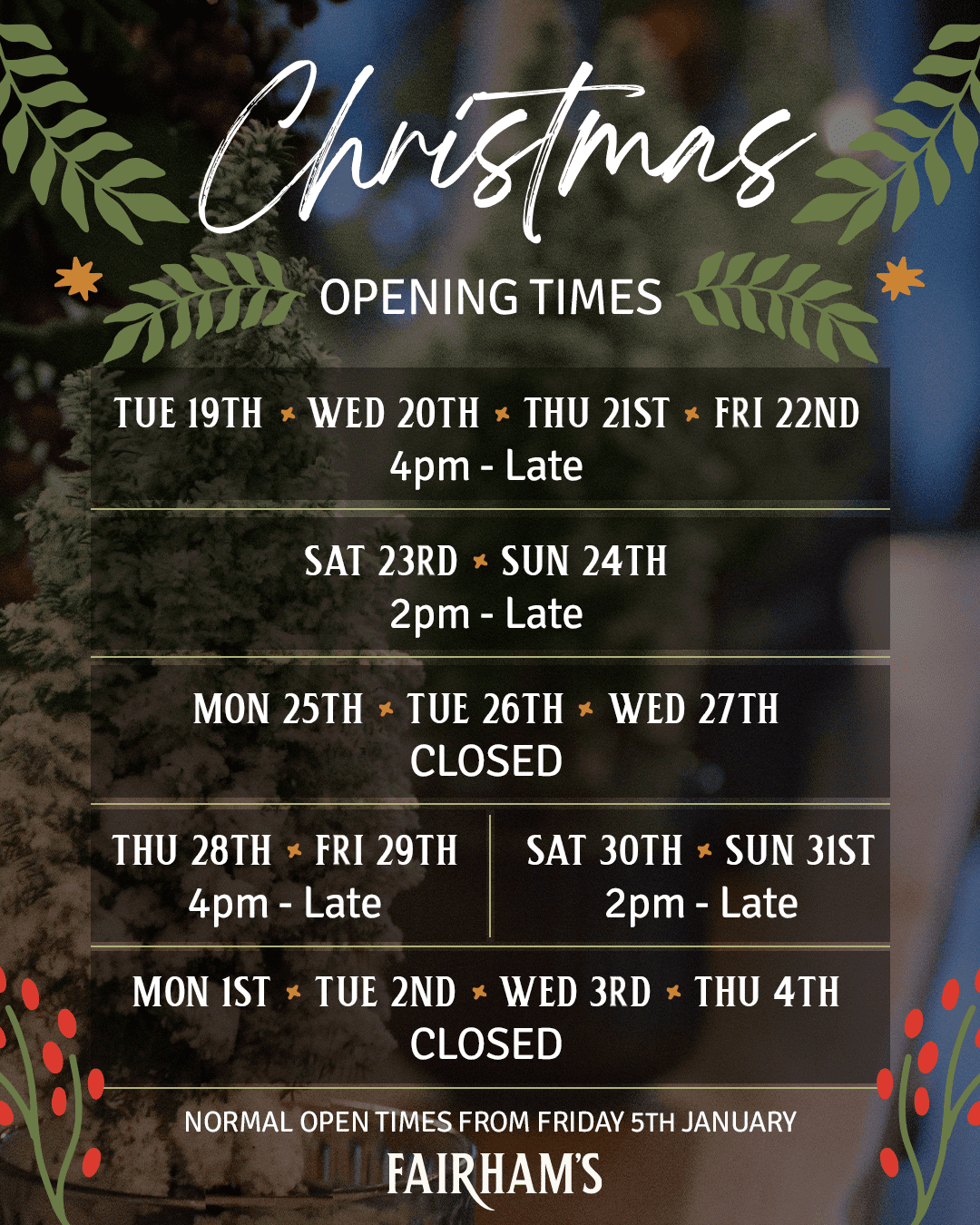 Fairhams bar in penwortham christmas opening times. Christmas night out in Penwortham with cocktails and events.